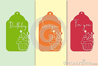 Holiday Gift Tags with Cutout Cupcake Silhouette and Stars for Birthday Parties Vector Illustration