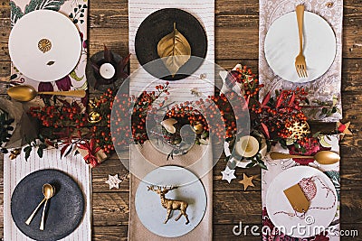 Holiday Gold place setting, funny Christmas table with ornaments Stock Photo