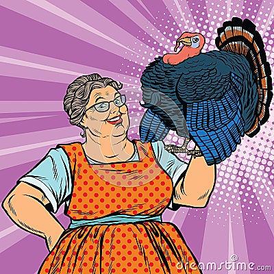 Holiday grandma with a live Turkey Vector Illustration