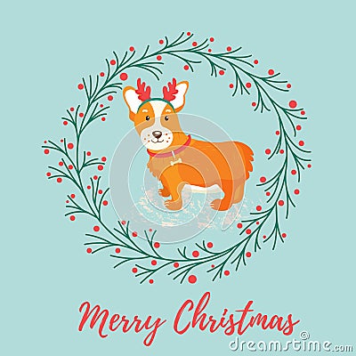 Holiday greeting card with cute corgi dog. Vector Illustration