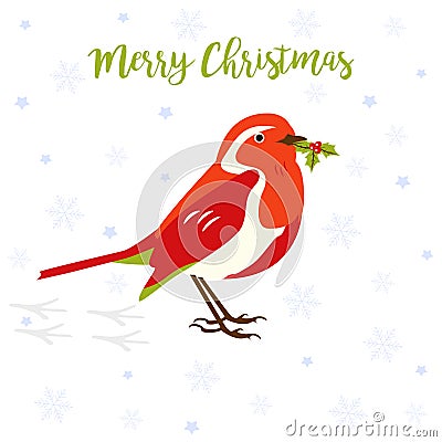 Holiday greeting card with cute robin bird. Vector Illustration