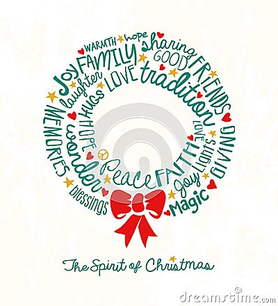 Holiday wreath greeting card with inspiring handwritten words Vector Illustration