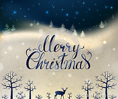 Holiday greeting card with winter forest, deer and hand drawn lettering Merry Christmas Vector Illustration