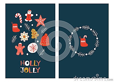 Christmas Greeting Cards with Gingerbread Cookies Vector Illustration