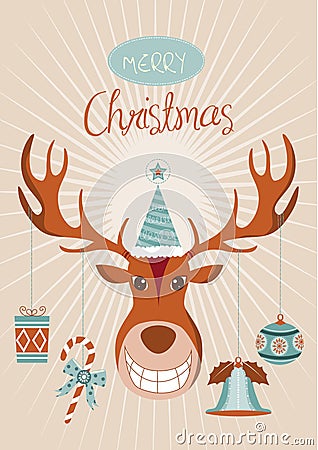 Holiday greetings deer head with decorated ornaments Vector Illustration