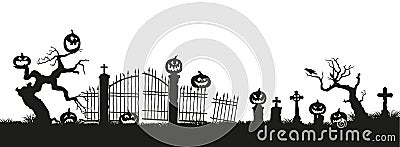 Holiday Halloween. Black silhouettes of pumpkins on the cemetery on white background. Graveyard and broken trees Vector Illustration