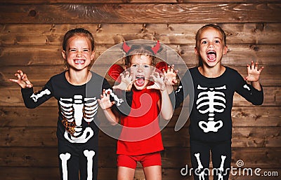 Holiday halloween. Funny group children in carnival costumes Stock Photo