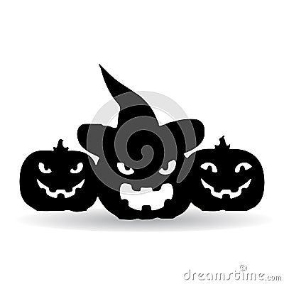 Holiday Halloween, three dark pumpkins, silhouette on white back Vector Illustration