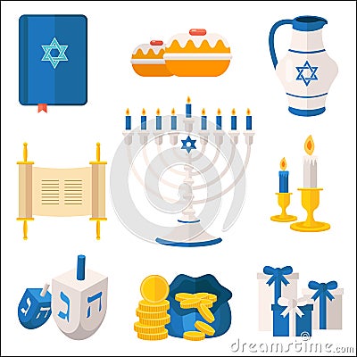 Holiday of Hanukkah vector elements collection. Jewish symbols Vector Illustration