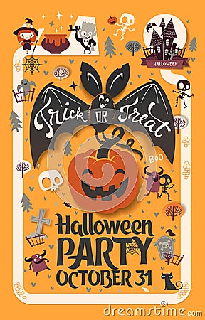 Holiday Happy Halloween flyer template with funny cartoon smiling bat with spread wings and Trick or Treat lettering Vector Illustration