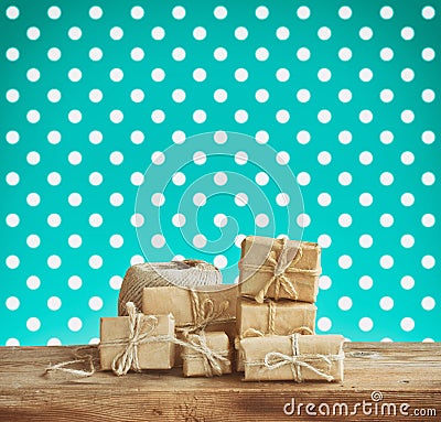 Holiday heap gift box on wooden table Stock Photo