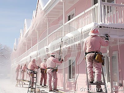 Holiday Home Makeover: Winter Workers in Santa Caps Transforming a Pastel Pink House Stock Photo