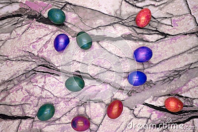 Holiday homedecor multicolored easter eggs decoration group . Stock Photo