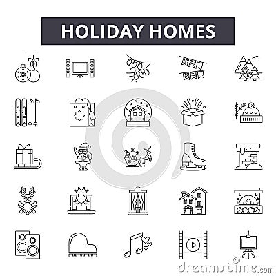 Holiday homes line icons for web and mobile design. Editable stroke signs. Holiday homes outline concept illustrations Vector Illustration