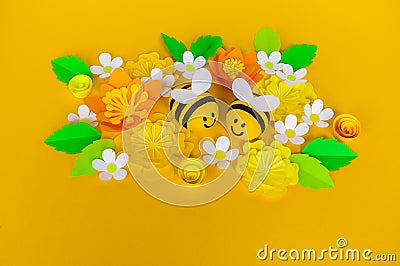 Holiday honey. Yellow background. Handicraft bee painted egg. Easter. Origami paper flower. Lettering Stock Photo