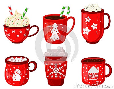 Holiday hot drinks. Christmas winter drinks, latte, cappuccino and hot cocoa with marshmallows vector illustration set Vector Illustration