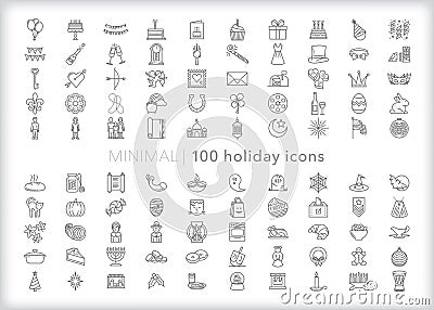 100 Holiday icons for celebrating annual events and dates Vector Illustration