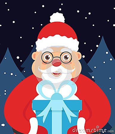 Holiday illustration greeting card for new year or Christmas. Santa Claus in the night in the hands with a gift. Vector Cartoon Illustration