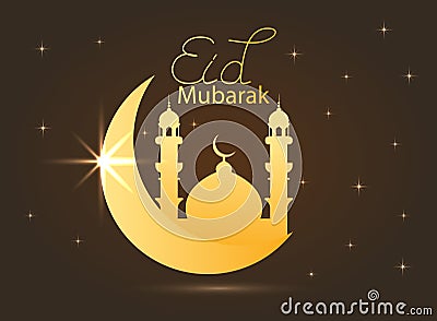 holiday illustration of handwritten Eid Al Adha shiny label. lettering composition of muslim holy month with mosque buildin Cartoon Illustration