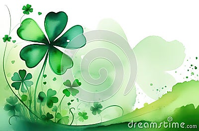 Holiday illustration for St. Patrick's Day with green watercolor clover and free space for advertising Cartoon Illustration