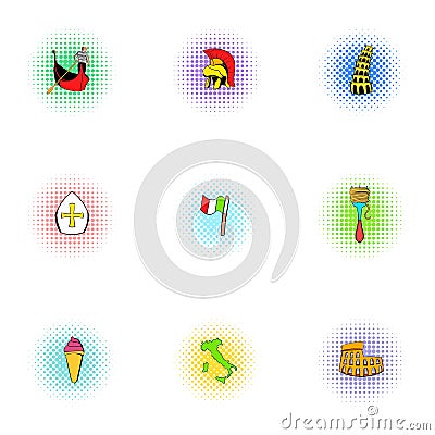 Holiday in Italy icons set, pop-art style Vector Illustration