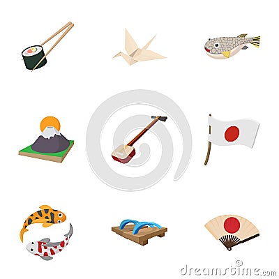 Holiday in Japan icons set, cartoon style Vector Illustration
