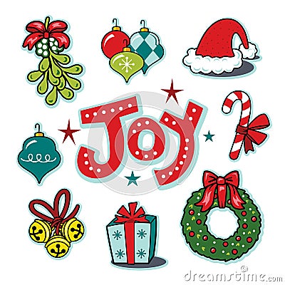 Holiday joy seasonal icons, wreath, ornaments illustration set Vector Illustration