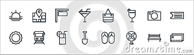 Holiday line icons. linear set. quality vector line set such as card payment, fan, shovel, flower, camera, bag, maps Vector Illustration