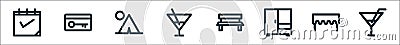 Holiday line icons. linear set. quality vector line set such as drink, dining table, drawer, bench, drink, tent, key Vector Illustration
