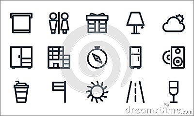 Holiday line icons. linear set. quality vector line set such as drink, sun, coffee cup, road, flag, drawer, refrigerator, lamp Vector Illustration