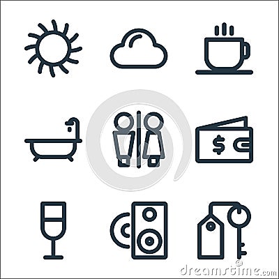 Holiday line icons. linear set. quality vector line set such as key, sound, drink, wallet, public toilet, bath, hot drink, cloud Vector Illustration