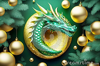 Symbol of traditional Asian dragon with fir boughs and gold new year balls Stock Photo