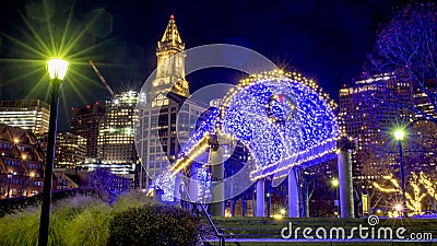 Holiday night scene in downtown Boston. Stock Photo