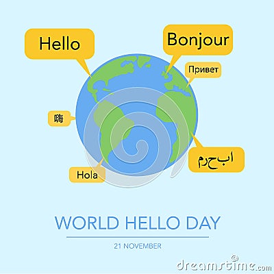 Holiday November 21 - World hello day. Cartoon Illustration