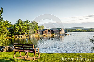 Holiday park with wooden lodges. Stock Photo