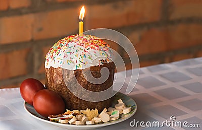 Holiday pie with candl on the table at Easter Stock Photo