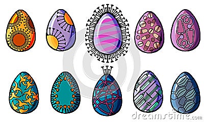 Holiday in quarantine. Happy easter isolated eggs drawn with the pattern of the branches of the Coronavirus Vector Illustration