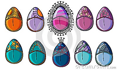 Holiday in quarantine. Happy easter isolated eggs drawn with the pattern of the branches of the Coronavirus Vector Illustration