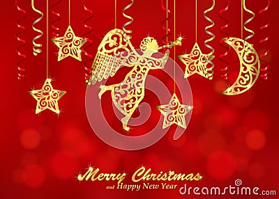 Holiday red background with golden figures of angel, stars and m Vector Illustration