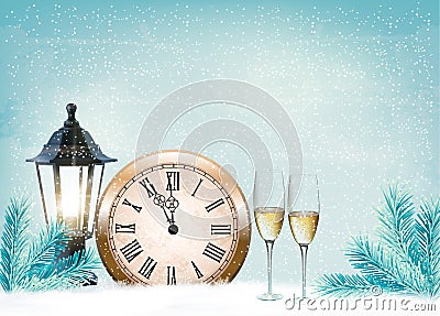 Holiday retro background with champagne glasses and clock Cartoon Illustration