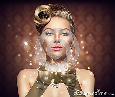 Holiday retro woman with magic stars Stock Photo