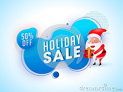 Holiday Sale banner or poster design with 50% discount offer and illustration of santa claus holding gift box on abstract Cartoon Illustration