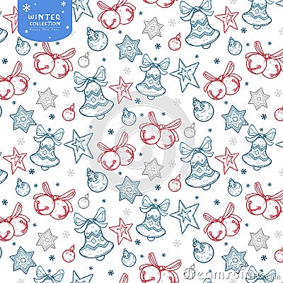 Holiday seamless pattern with bells, Christmas balls and stars in red, blue and silver colors on white background Stock Photo