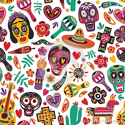 Holiday seamless pattern decorated by Mexican skulls, pepper, pinata, cross, candle, maracas, guitar, sombrero, cactus Vector Illustration