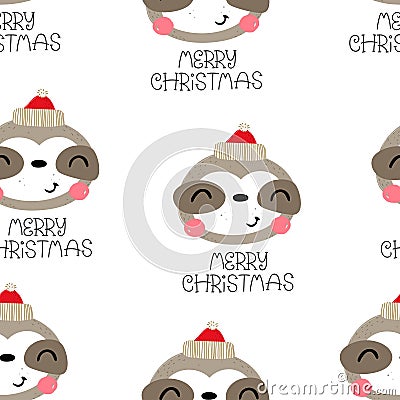 Holiday seamless pattern with sloth, hand drawing lettering. Merry Christmas. Colorful vector, flat style. Vector Illustration