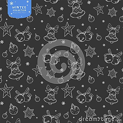 Holiday seamless vector pattern with bells, Christmas balls and stars in silver colors on dark background Stock Photo