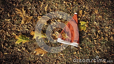 Holiday season is coming soon. A conceptual background photo of Santa Claus hat on yellow leaves in fall. Last day of autumn and Stock Photo