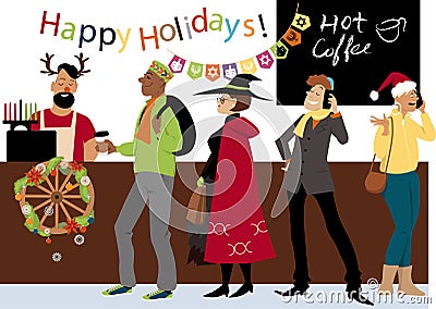 Holiday season in the inclusive coffee shop Vector Illustration