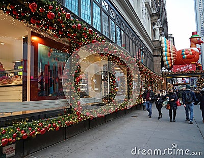 Holiday season windows decoration at the Macy`s Herald Square in midtown Manhattan Editorial Stock Photo