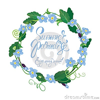 Holiday seasonal card with round frame of forget me not flowers Vector Illustration